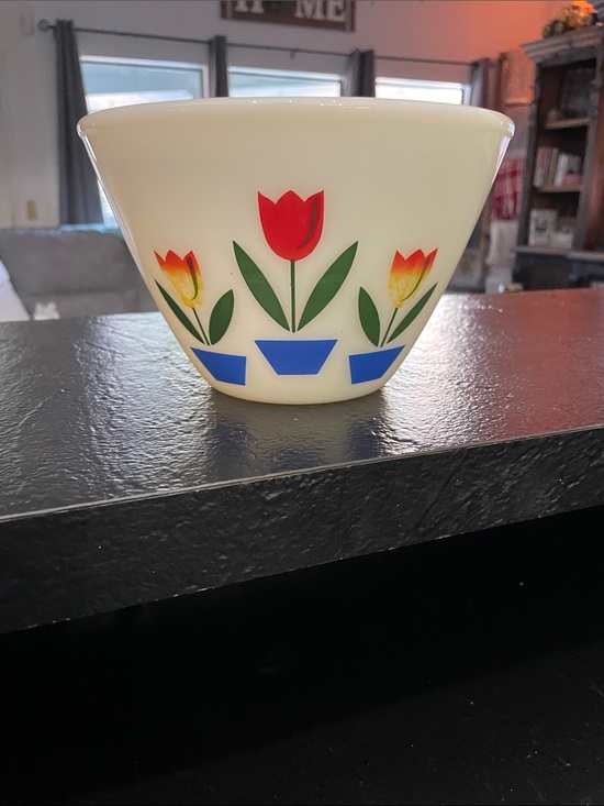 Fire King Other - Fire King Milk Glass Floral Tulip Bowl in White with Red & Blue Accents